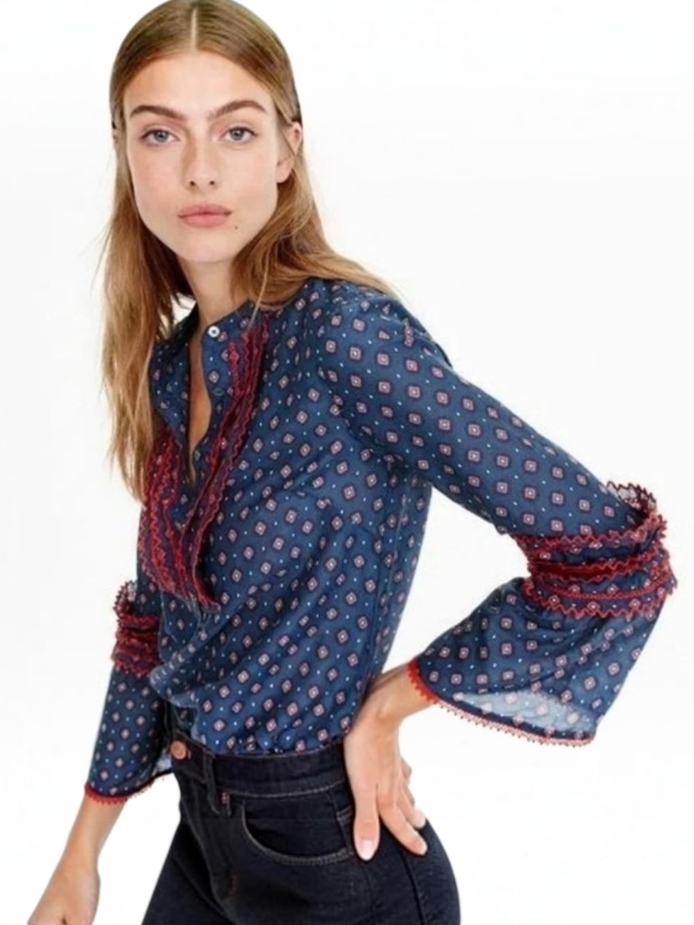 J.Crew Embroidered Bell Sleeve Top in Foulard Print Blue Red Cotton Silk 6Tall